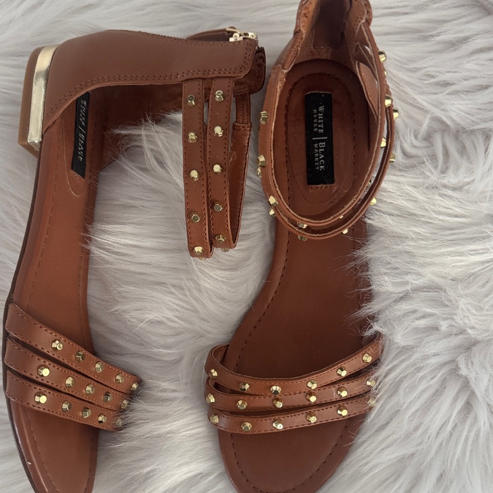 White House Black Market Rivet Tan Studded Ankle-Strap Sandals with Gold Accents